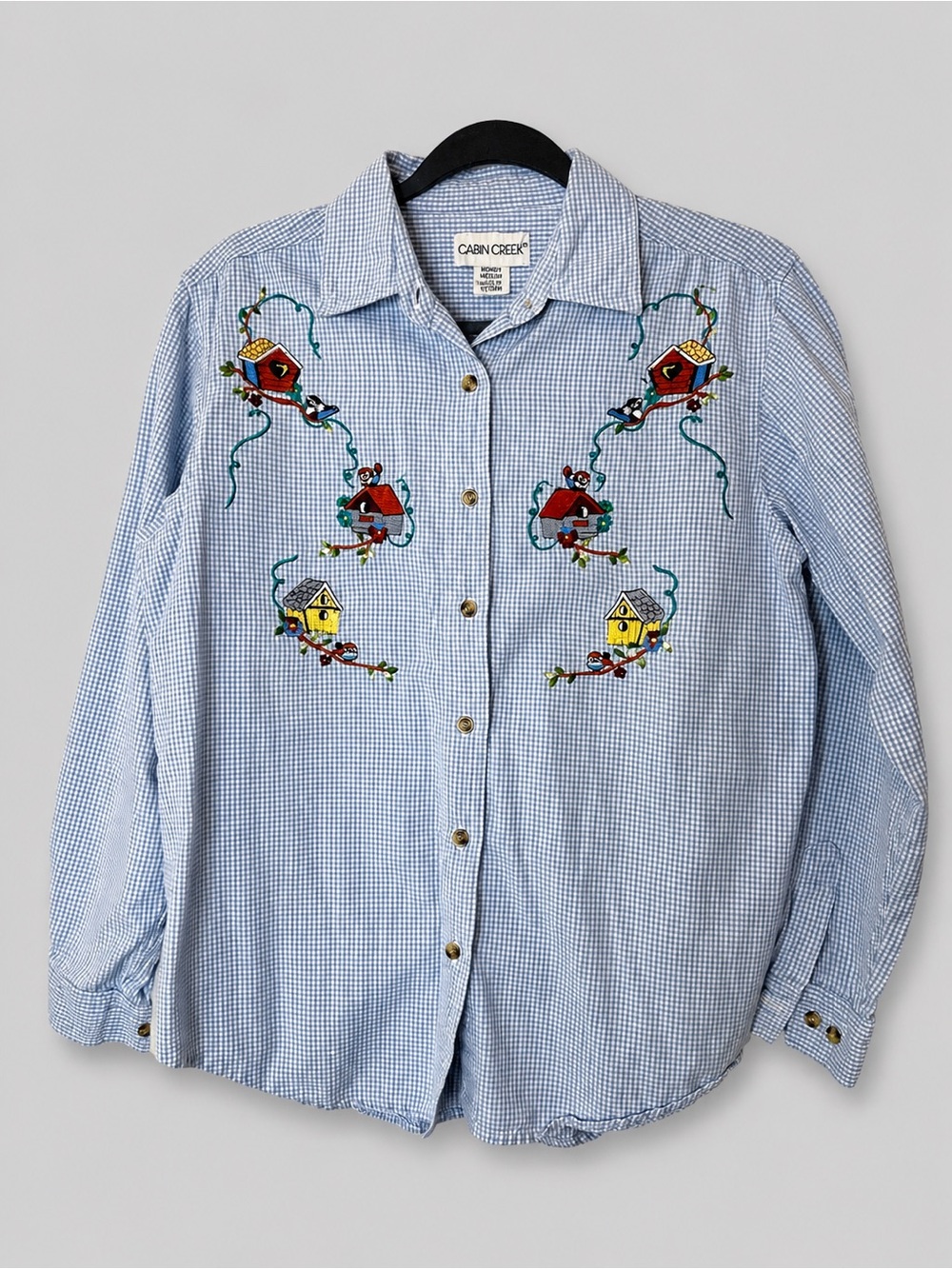 Cabin Creek Embroidered Birdhouse Gingham Button Front Shirt Medium Cottagecore